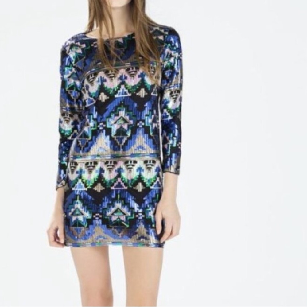 Zara Blue Multi-Color Patterned Mini Dress - Picture 2 of 14